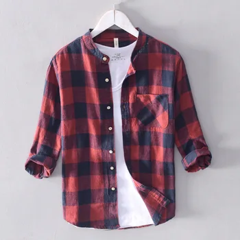 

Summer Fashion Men Shirts Three Quarter Length Sleeve Linen Shirts Men Cotton Tee Stand Collar Youth Plaid Shirts Hombre