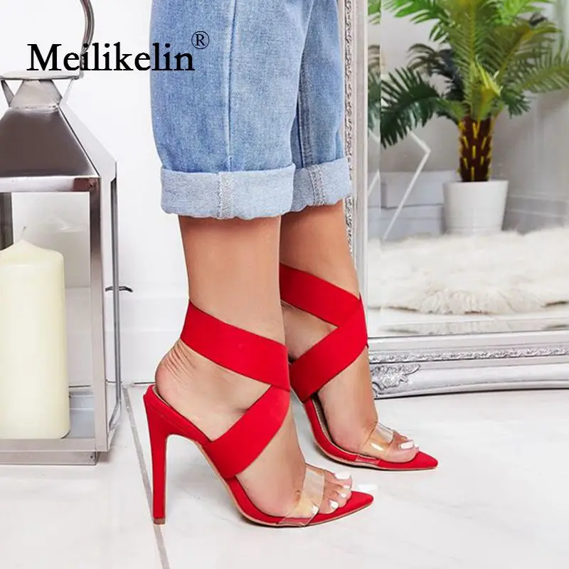 

Brand 2019 summer stilettos high heels women's sandals Fish head pointed toed shoes sexy Red Wedding lady shoes large size 35-43