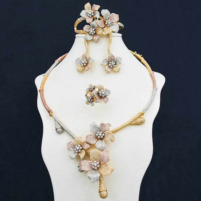 

ModemAngel Bamboo Knot Blooming Flower Luxury 3 Tone Women Nigerian Wedding Bride Cubic Zirconia Necklace Dubai Full Jewelry Set