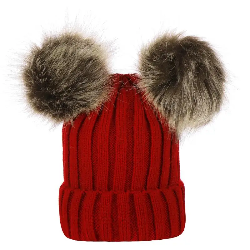 Детская шляпка, связанная крючком двойной натуральный енотовый помпон шапка для девочки зимние шапки для маленьких девочек натурального Меха Высокое качество модная детская одежда шапки 7479 - Цвет: Baby-red