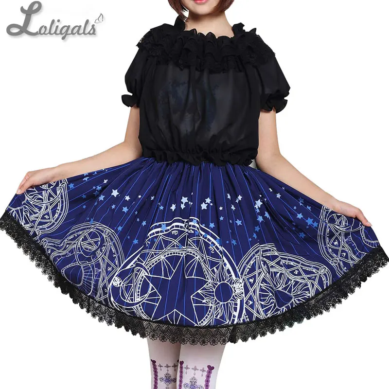 

Navy Blue Gothic Short Skirt Japanese Style Magic Circle and Stars Printed Pleated Lolita Skirt Free Shipping