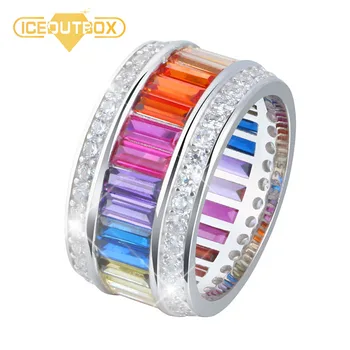

11mm Wide 925 Sterling Silver Ring With Rainbow Crystal Pave Setting CZ Stone For Women Fashion Anniversary Party Jewelry Gift