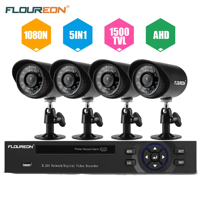 Камера видеонаблюдения FLOUREON 4CH 1080N 5 в 1 HDMI AHD TVI DVR 4 шт. 1500TVL инфракрасная камера