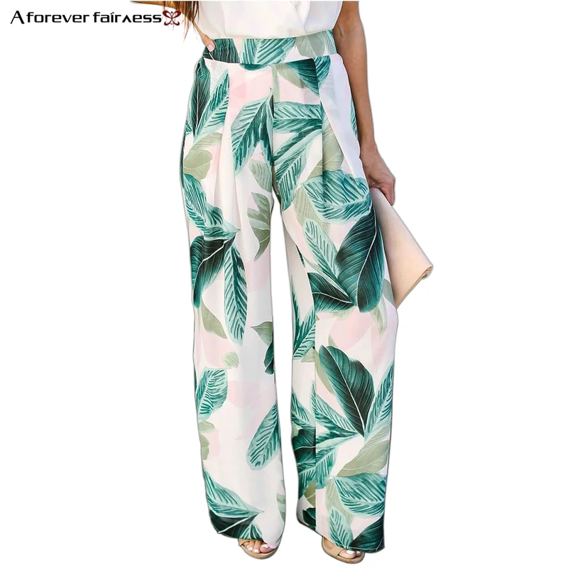 A Forever 2019 Summer Women Print Trousers Wide Leg Pants Tree Leaves Printing High Waist Casual Loose Long Pant M-1127 | Женская одежда