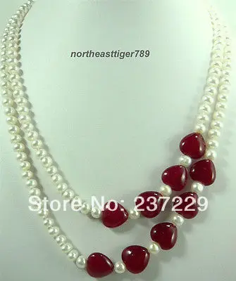 

HOT## Wholesale price FREE SHIPPING ^^^^Fine White Pearl Red Jade Heart-shaped Beads 18KWGP Clasp Necklace