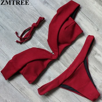 

ZMTREE Hot Swimwear Women Bikini Set Sexy Off Shoulder Beach Bathing Suit Push Up Brazilian Thong Bottom Red Bikinis Swimsuits
