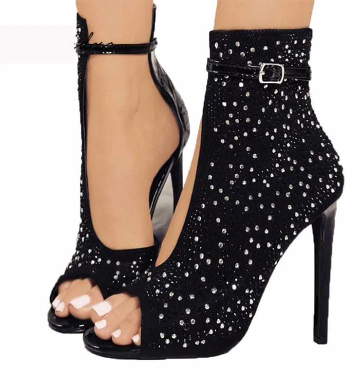 

XingDeng Girls Wedding Party Sexy Rhinestone High Heels Sandals Shoes Women Buckle Ankle Strap Peep Toe Thin Heels Dress Shoes