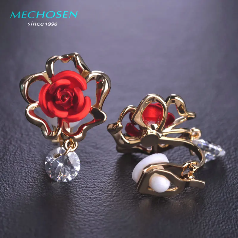 

MECHOSEN Elegant Rose Flower Clip Earrings For Women Shiny Crystal Brincos Ear Cartilage Earrings Copper Ears Cuff Bijoux Femme