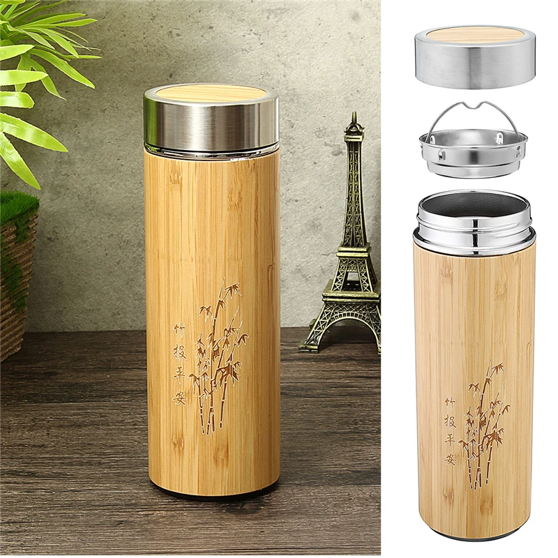 450ml Bamboo Stainless Steel Vacuum Bottles Portable Bamboo Travel