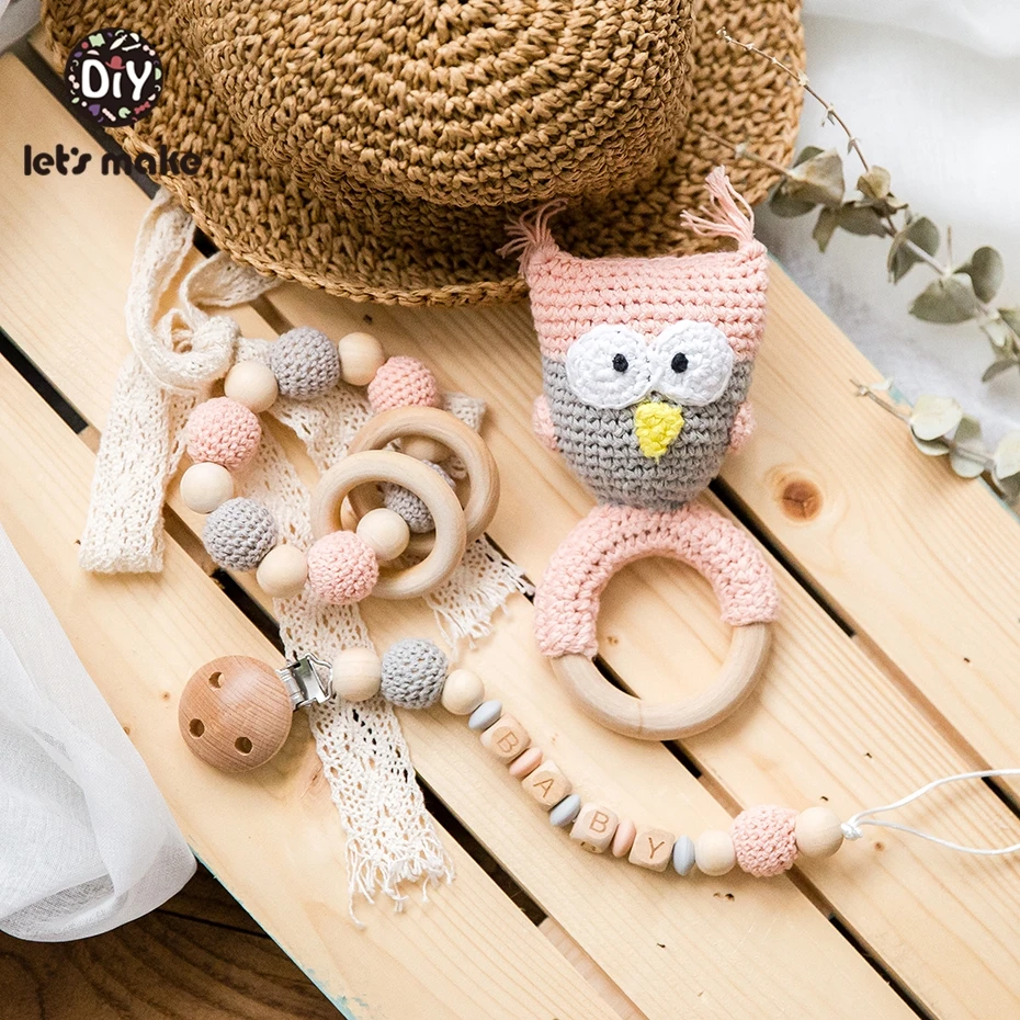 Let's Make Food Grade Silicone Wooden Teether Baby Pacifier Chain Pram Crib DIY Customized Soother Baby Teether Rattle Set Toys
