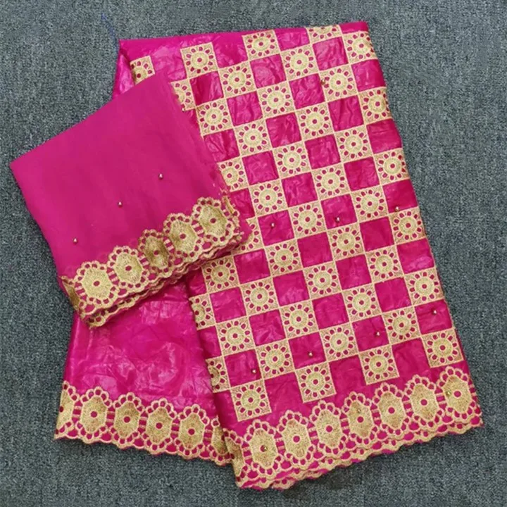 

5Yards Wonderful fuchsia african Bazin brocade lace fabric embroidery and 2Yards french net lace with beads for clothes HZ9-6