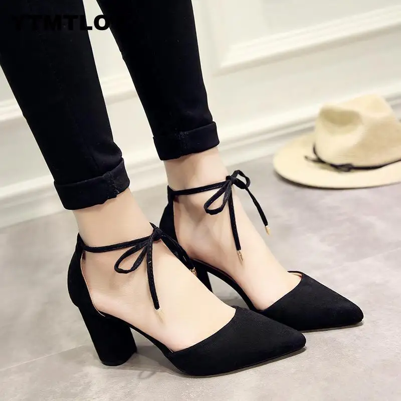 Summer Women Shoes Pointed Toe Pumps Dress High Heels Boat Wedding tenis feminino Side with Straps Pink Heels Zapatos De Mujer - Цвет: Black