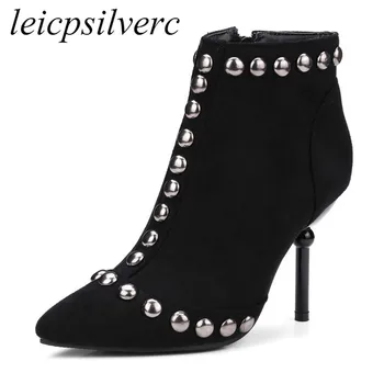 

Women Boots Shoes Winter Autumn Warm Plush Ankle Chelsea Super High Heels Pointed Toe Flock Zip Rivet 2019 Sexy New Black Brown
