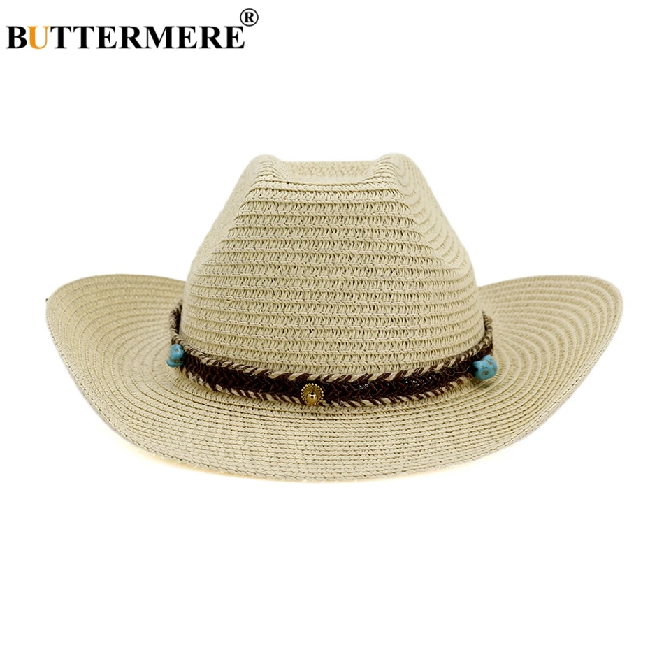

BUTTERMERE Mens Cowboy Hat Summer Beach Sun Hat Straw Cap Male Beige Vintage Bowknot With Knitted Belt Men's Hat Outdoor Spring