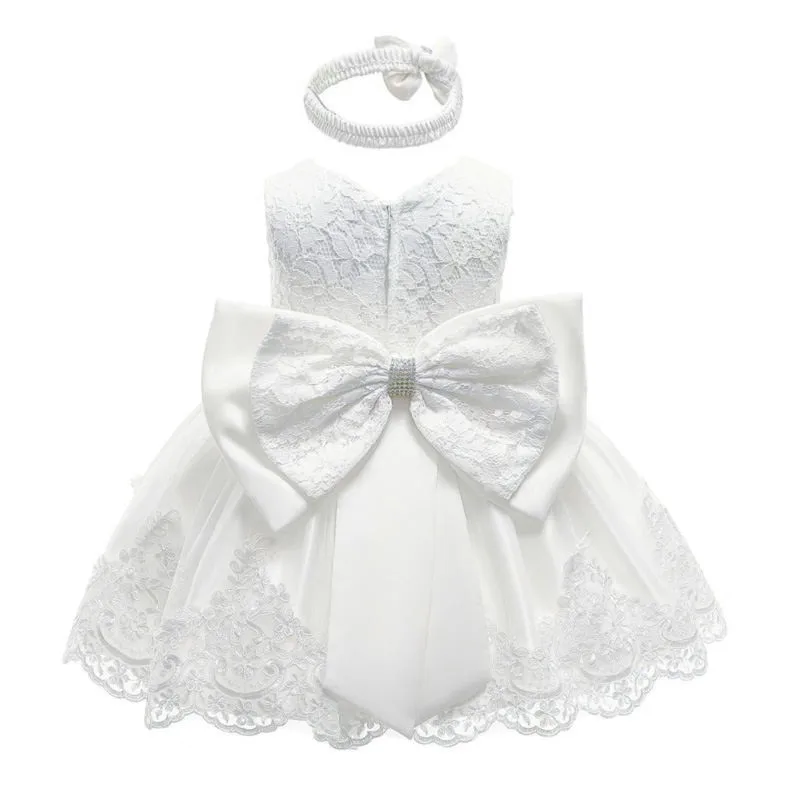 Платье для маленьких девочек; с бантом; Пышное кружевное платье; праздничное платье; Пышное Платье с бантом и лентой для волос - Цвет: Белый