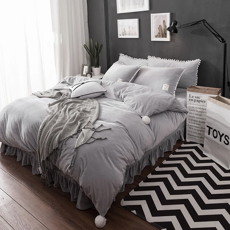 

Grey blue fleece winter warm bedclothes bedding sets queen king size white ball cute duvet cover bed linen set pillowcase