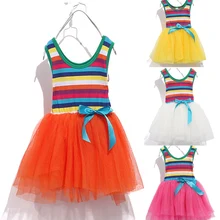 Новые платья-майки в радужную полоску для девочек кружевные тюлевые платья детское цельнокроеное платье на бретелях Детская летняя одежда