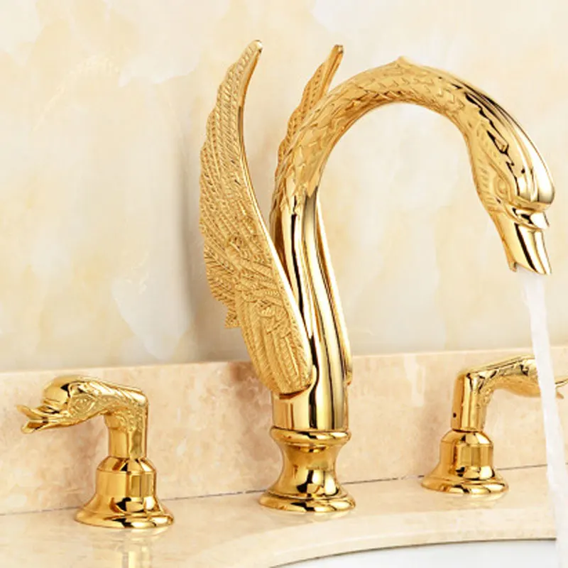 

swan two pairs of three hole basin faucets European style gold three piece set split copper hot and cold mixer washbasin faucet