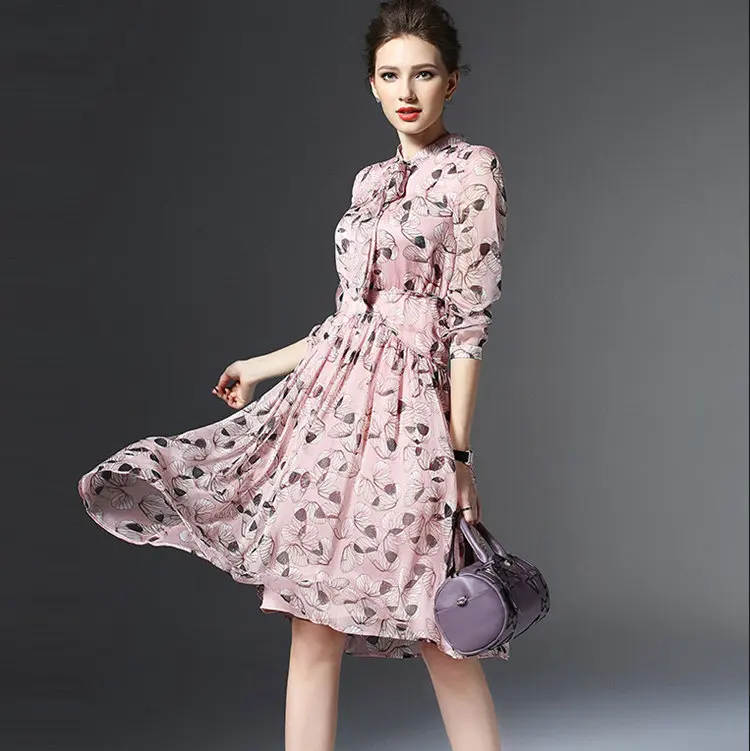 New Autumn Dress Women Butterfly Print Dress Robe Femme Casual Long Sleeve Women Dresses Bow Chiffon Vestidos Mujer 2019 (3)