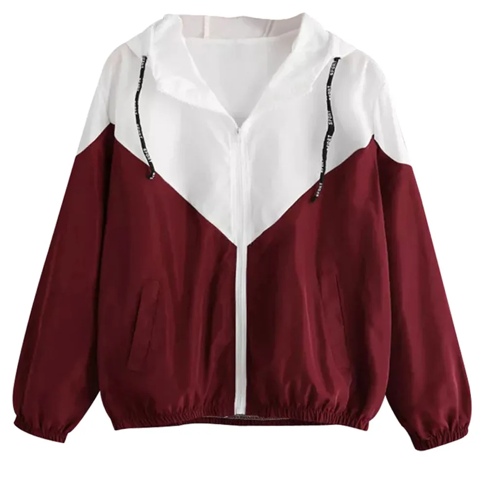 

JAYCOSIN Women Basic Jackets Female Zipper Pockets Casual Long Sleeves Coats Autumn Hooded Jacket Two Tone Windbreaker Jacket