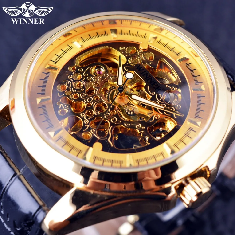 Winner Golden Movement Inside Transaprent Case Royal Carving Men