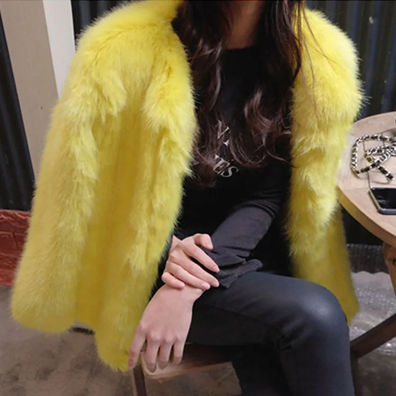 FIRSTTO/стильное длинное пальто с длинным рукавом из лохматого искусственного лисьего меха женские флуоресцентные желтые меховые куртки для улицы теплые