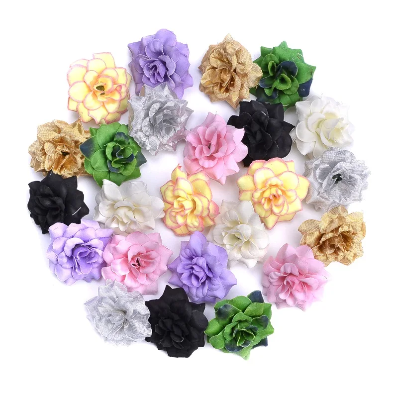 

10Pcs 4.5cm Gold Mini Artificial Silk Rose Flowers Heads DIY Scrapbooking Cheap Garland Fake Flower For Wedding Decorative
