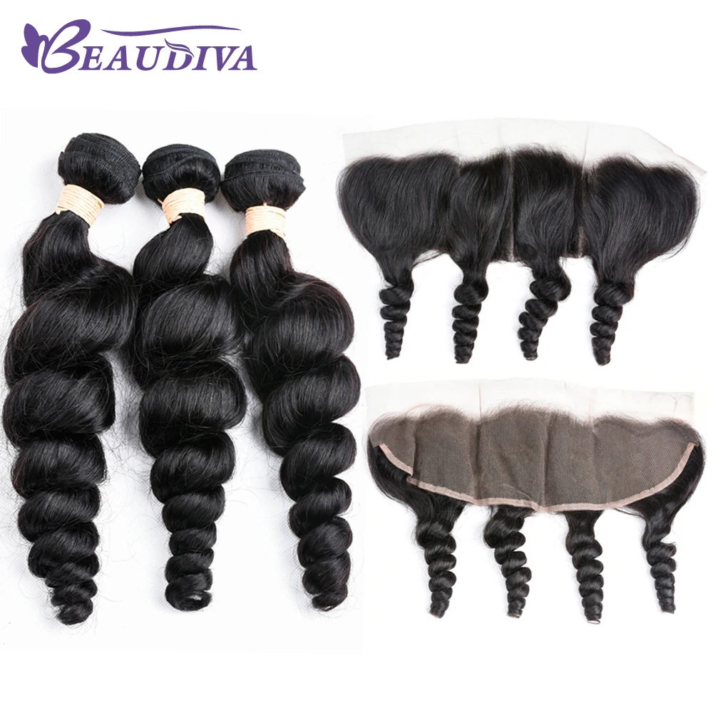 Brazilian Loose Wave With Closure 3 Bundles With 13*4 Free Part Ear to Ear Lace Frontal Remy Brazilian Human Hair Weave Bundles