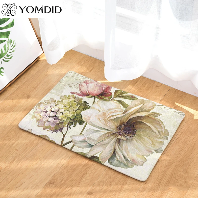 Retro floral printing mats Flannel Anti-Slip Waterproof DoorMat Vintage
Flower Carpets Bedroom Kitchen Rugs Home Decorative Mats