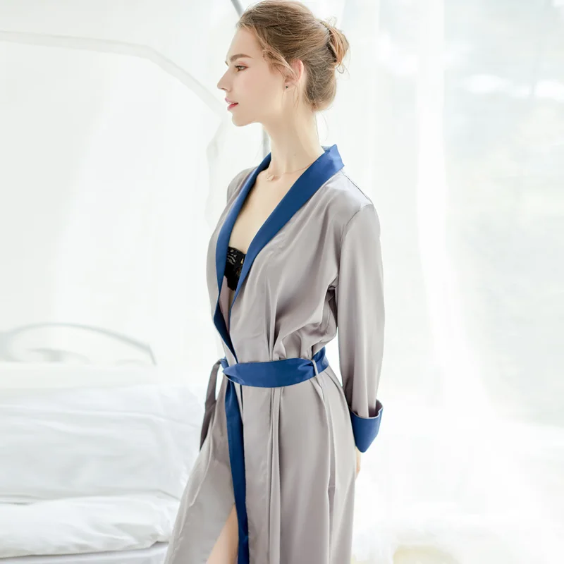 

Women Spring and Autumn Satin Imitated Silk Mid-Calf Length Sleepwear Dressing Gown Nightgown Robe Bathrobe Loungewear