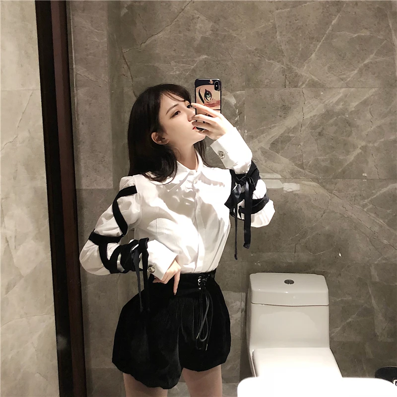 

European Style Spring Womens White Shirt 60% Cotton With Black Straps On Sleeve Sweet Top Female