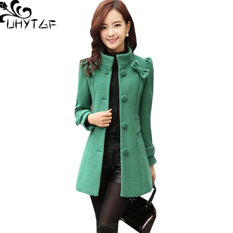 

UHYTGF Fashion Slim Women Wool Jacket New Winter Outerwear Women Standing collar Single-breasted Bow Houndstooth Woolen Coat 903
