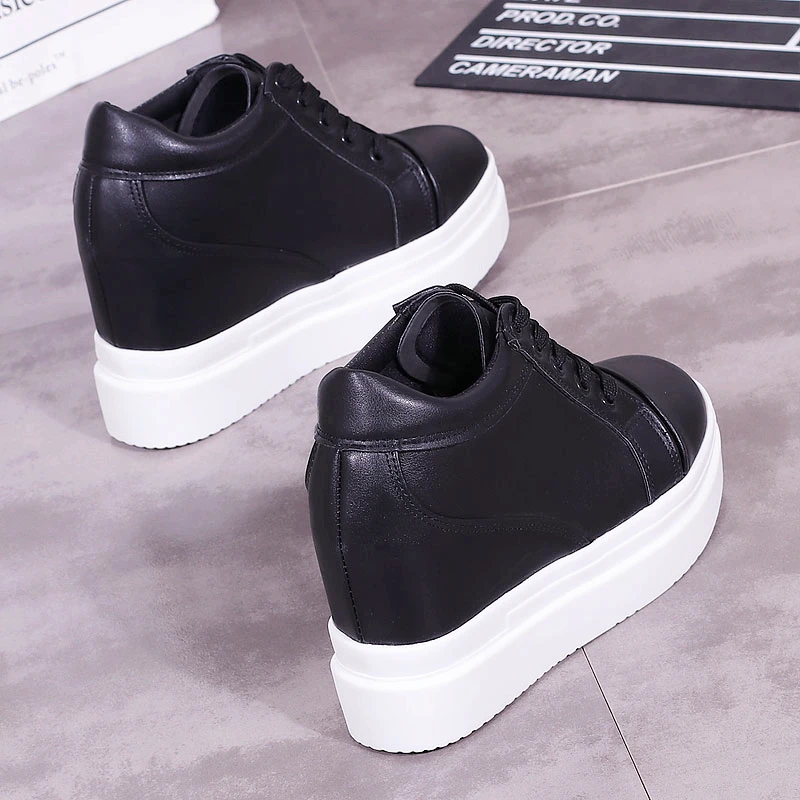 10cm Increase Flat Platform Shoes Female Thick Sole Students Casual Shoes Woman Flats Lace Up Solid White Black Women Shoes