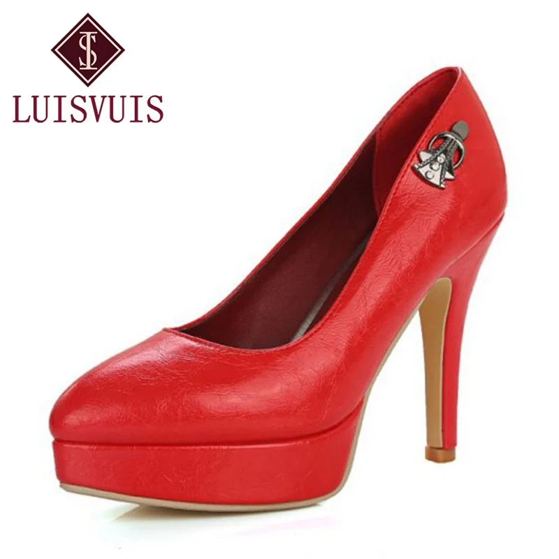 Goede LUISVUIS Size 32 46 Mode Vrouwen Platform Hoge Hak Schoenen Vrouwen Metalen Gesp Dunne Hak Pompen Party Dress Schoenen vrouwen Footwears