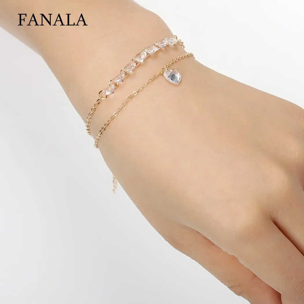 

Chain Fashion Double Layer Rhinestone Link Women Lobster Claw Clasp Bracelet