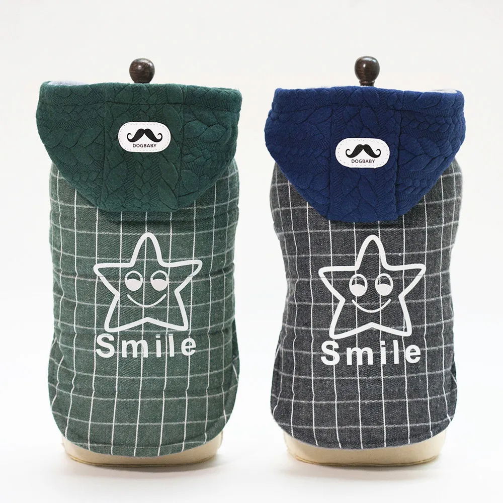 

Winter warm pet dog clothes gray green jacket smile stars hooded jacket jacket suitable for small and medium pet dog supplies