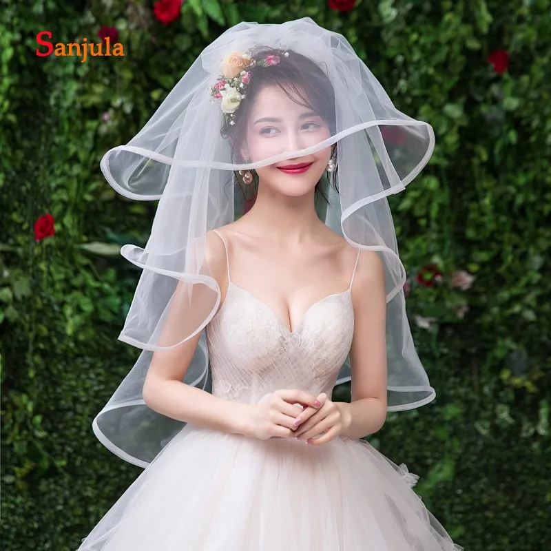 

Ribbon Edge Ivory Tulle Wedding Veils 1.5 Meters Cheap Bridal Veils Bride Short Wedding Dress Veilbruiloft accessoires V93