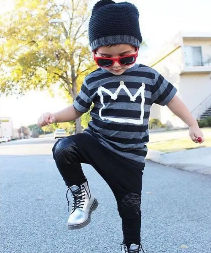 

T-shirt Tops Pants 2pcs Children Cool Newborn Baby Boys Cotton Crown Striped Short sleeve Black Clothes Set Fashion Boys