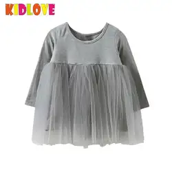 Kidlove для маленьких девочек ажурное платье принцессы Модные Твердые Цвет с длинным рукавом круглый вырез горловины Пышное Платье детское