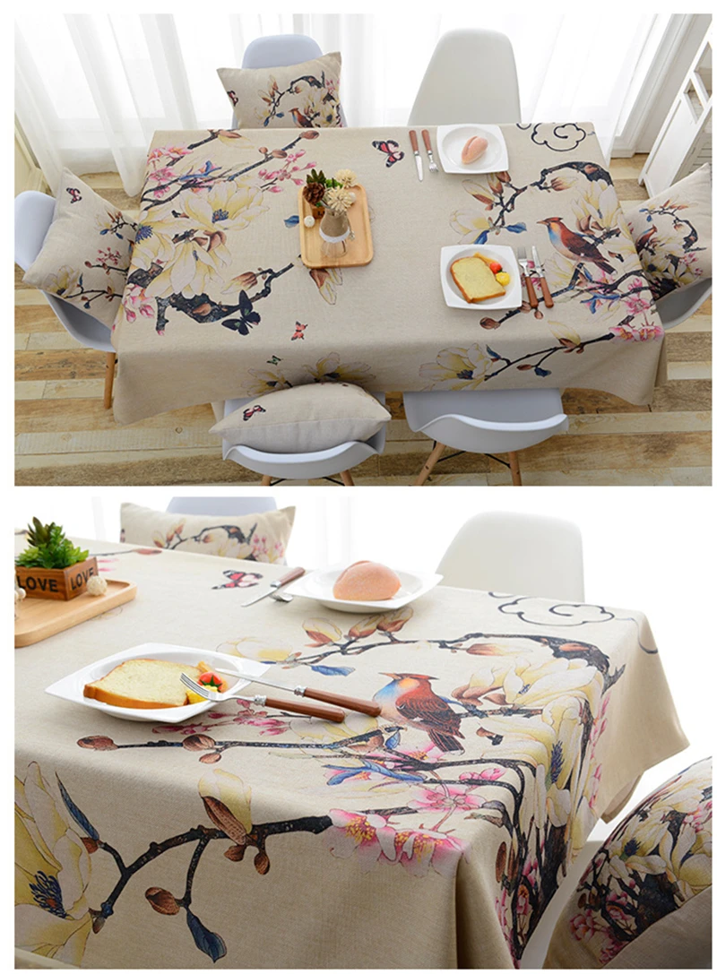 Digital Printed Pastoral Table Cloth For Table Cover Flower Bird Waterproof Polyester Fabric Tableclothes For Rectangular Tables