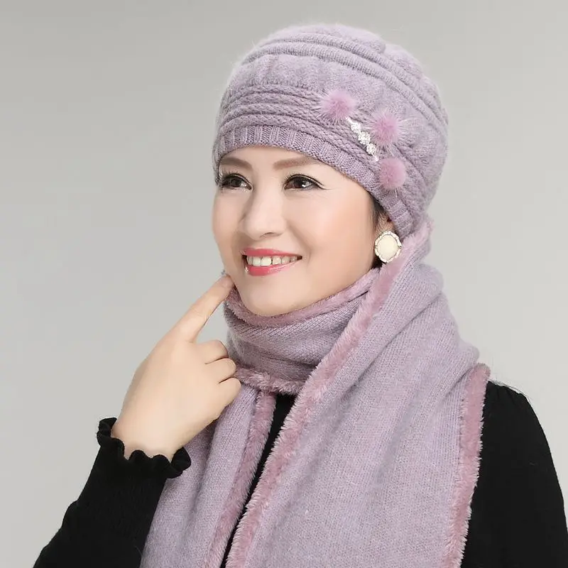 

GBCNYIER Warm Winter Women Twinset Rabbit Fur Cap Scarf Outdoor Casual Thermal Female Set Mother's New Year Gift