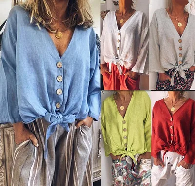 

Women's V Neck Bell Sleeve Tie Knot Button Bown Shirt Tops Loose Blouse