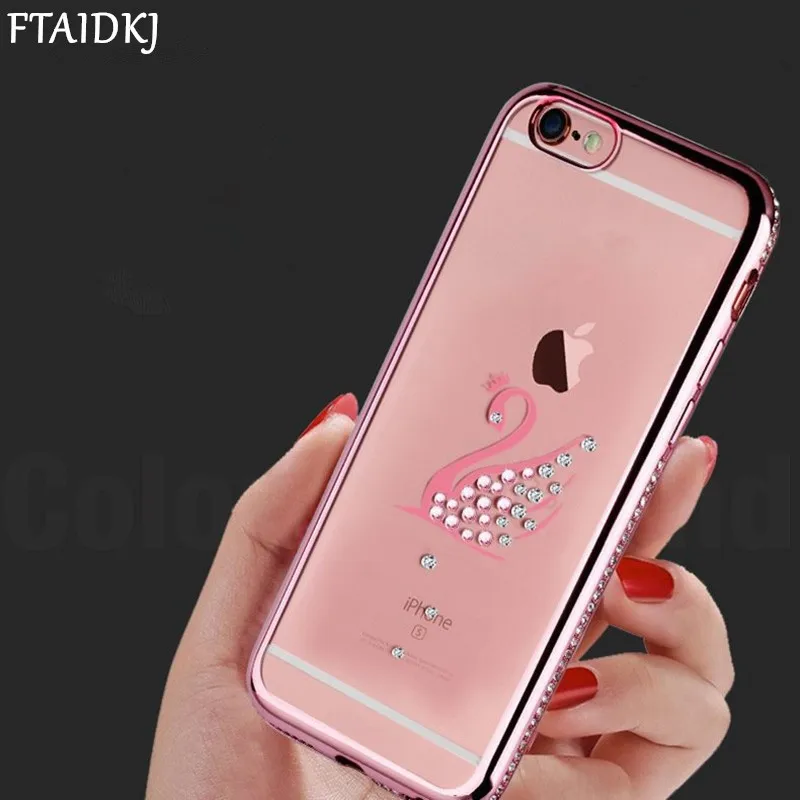 

FTAIDKJ Luxury Soft Silicone Clear Transparent Bling Rhinestone Diamond Back Cover Case For iPhone 6 6S 7 8 Plus X Coque Fundas