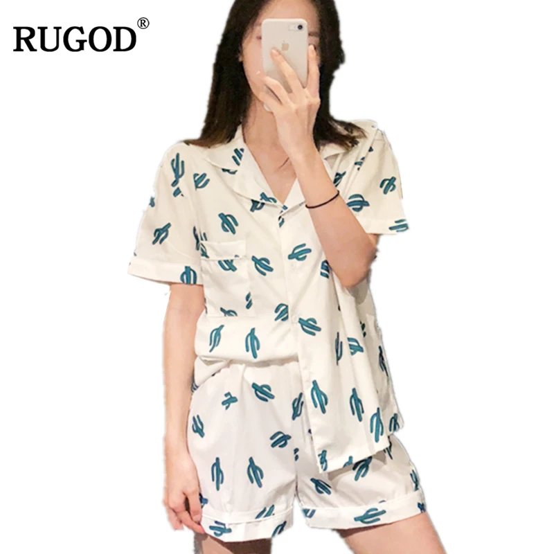 Женский Пижамный костюм RUGOD белая зеленая рубашка с отложным воротником и