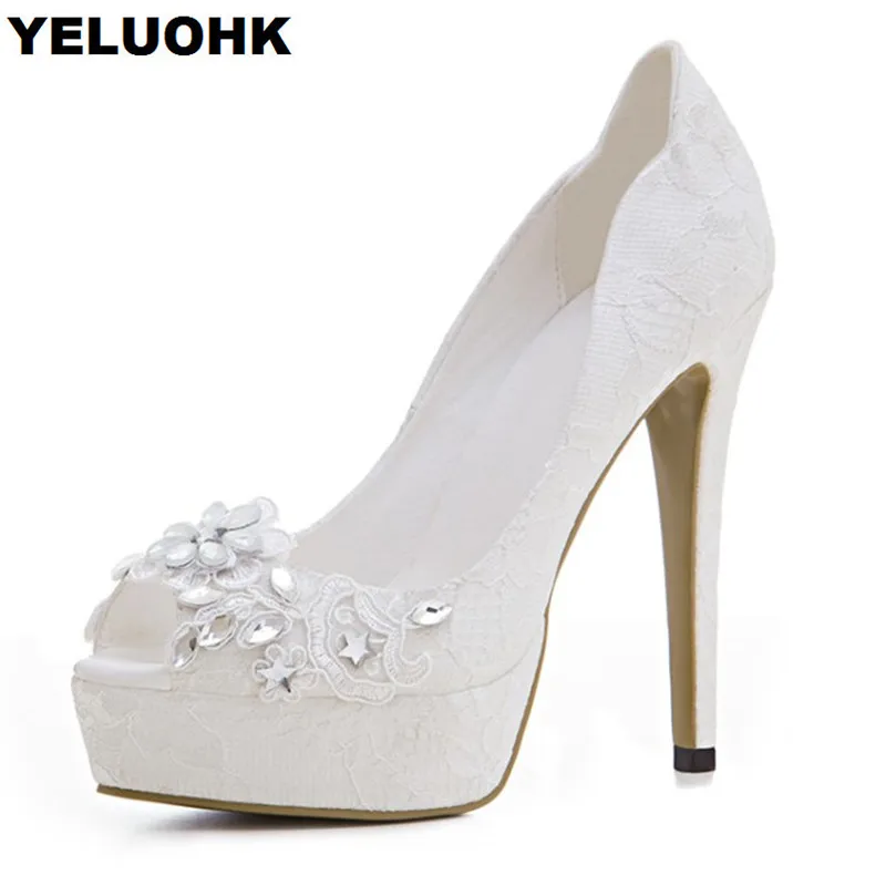 

Sexy High Heels Women Wedding Shoes Rhinestone Party Shoes For Women Open Toes White Bride Shoes Stelitto Heel Big Size 43