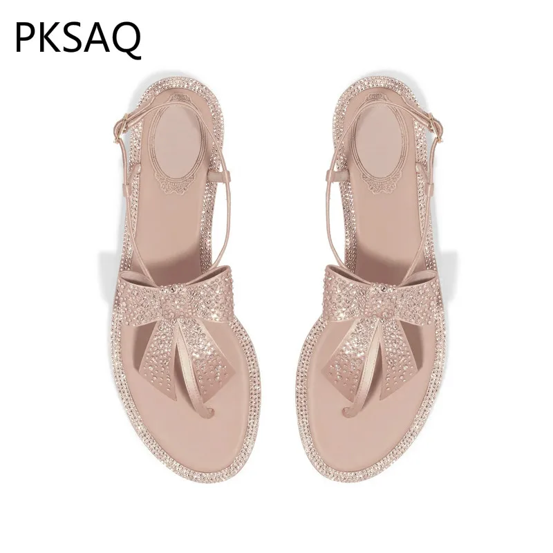 

New Summer Women Sandals Flat Sweet Students Crystal Flip Flops Bowknot Ladies Sandals Outdoor Party Fashion Shoes B
