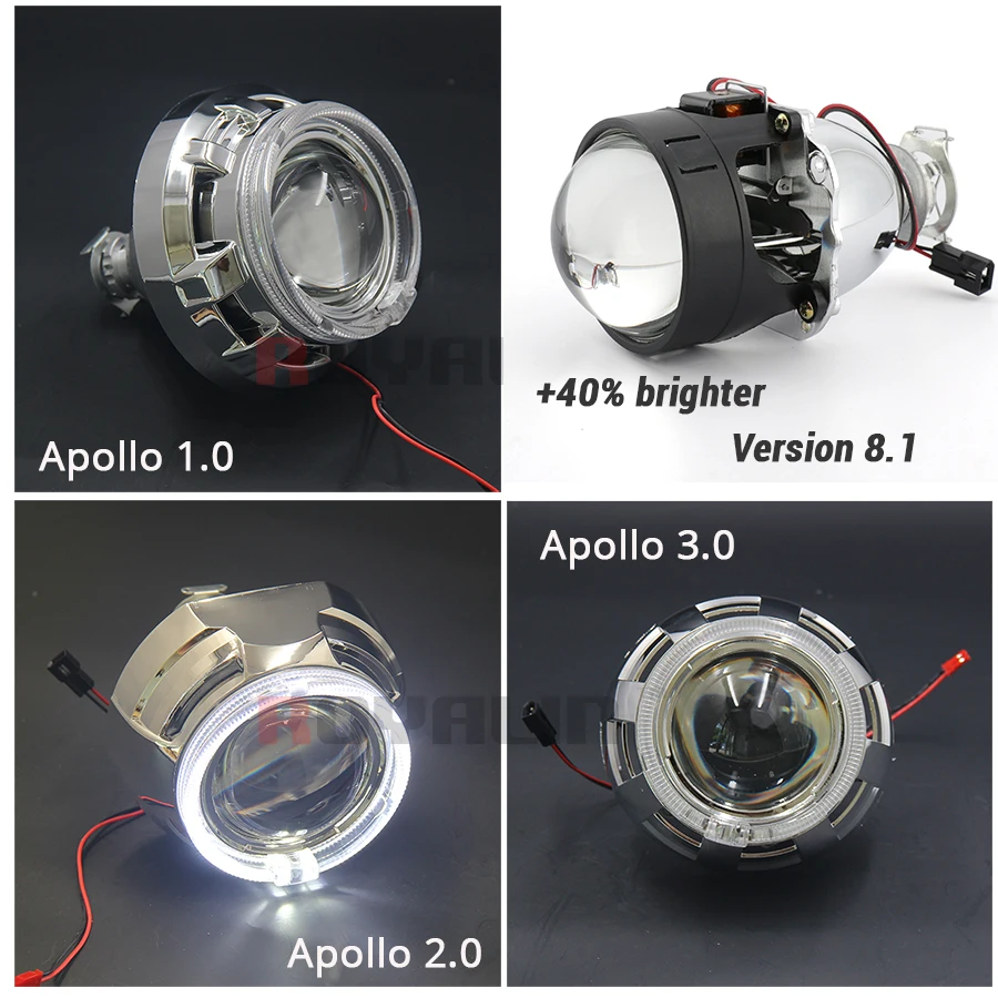 ROYALIN 8.1 Version H1 HID Head Light Mini 2.5 Projector Lens For H4 H7 Auto Lamps w/ LED Angel Eyes Shrouds for Apollo White