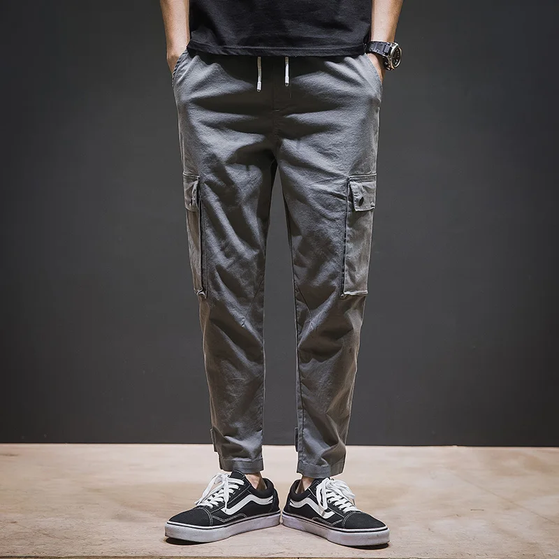 

Fashion Men Cargo Pants Elastic Waist Solid Color Male Pants Webbing Multi-Pockets Trousers Harajuku Jogger Sweatpant