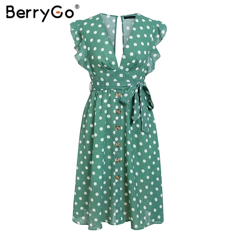 BerryGo, сексуальное зеленое летнее платье в горошек с v-образным вырезом,, женское платье с оборками, поясом и пуговицами, элегантное пляжное женское платье для отдыха - Цвет: Зеленый