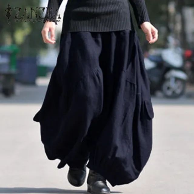 Модные женские осенние шаровары ZANZEA, хлопковые льняные брюки с перекрестными штанинами, брюки с высокой эластичной талией, мешковатые длинные брюки большого размера 1